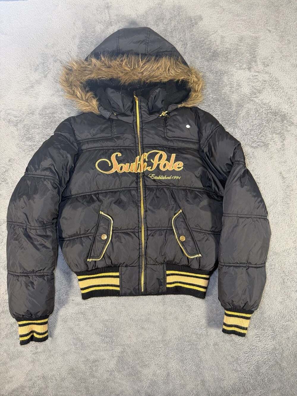 Southpole Puffer Jacket Size M Black Faux Fur Hood